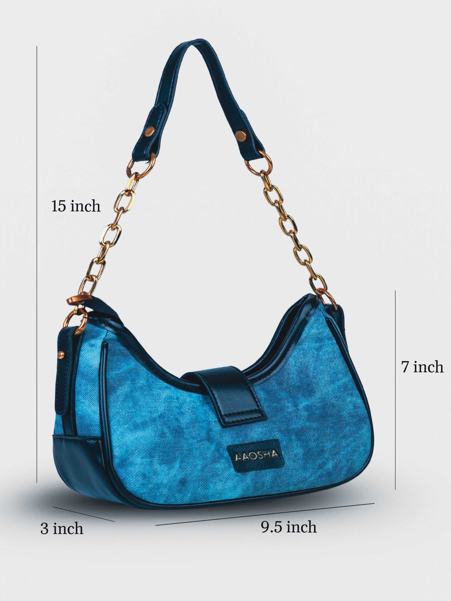 Luna Denim Blue vegan leather shoulder bag in rich blue denim with structured design and chain handle for women.