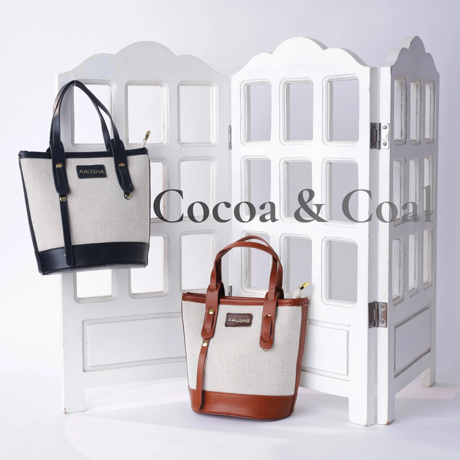 Cocoa & Coal collection showcasing premium vegan leather handbags in brown and cream, black and cream color variations featuring structured tote bags and shoulder bags
