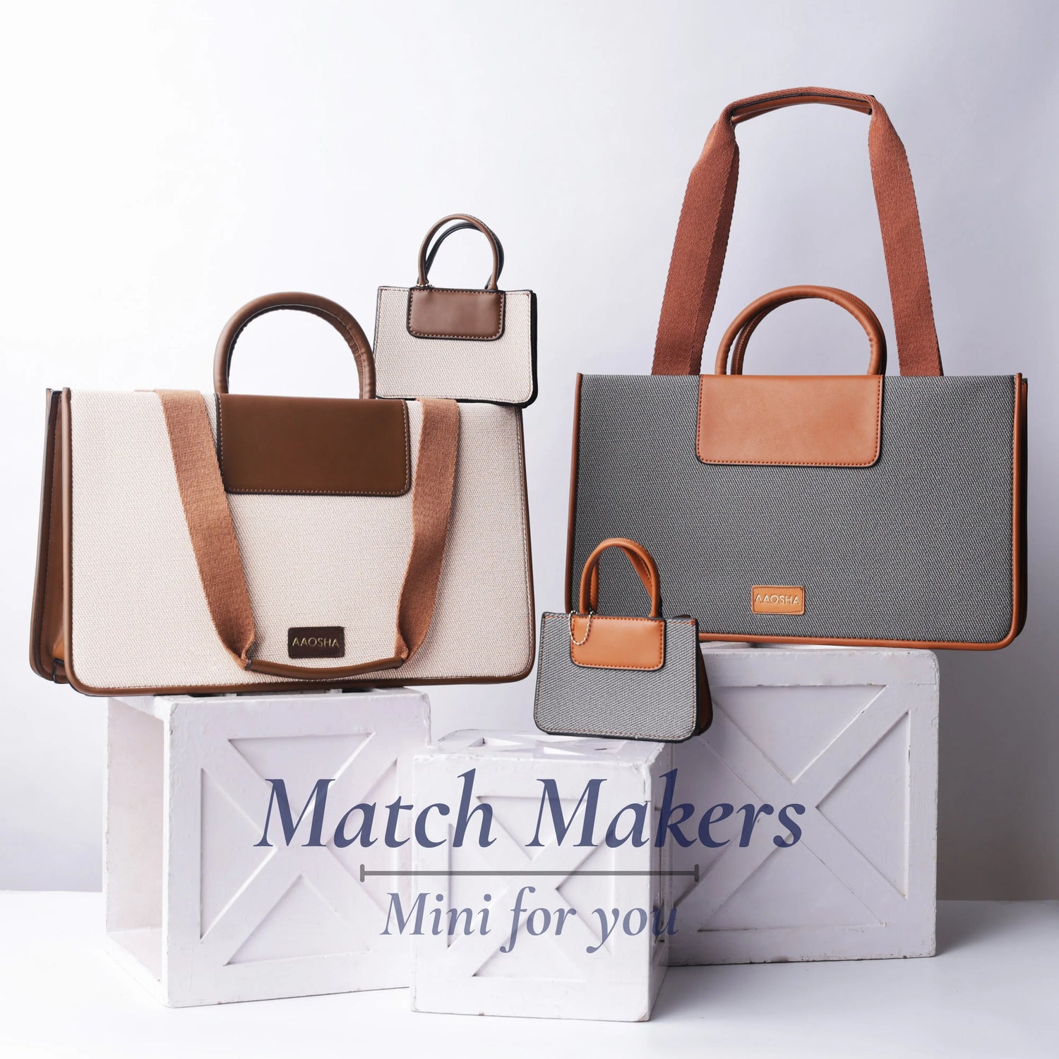 Match Makers collection featuring premium vegan leather handbags with matching mini pouches in brown and grey tones, showcasing coordinated luxury bags designed for women