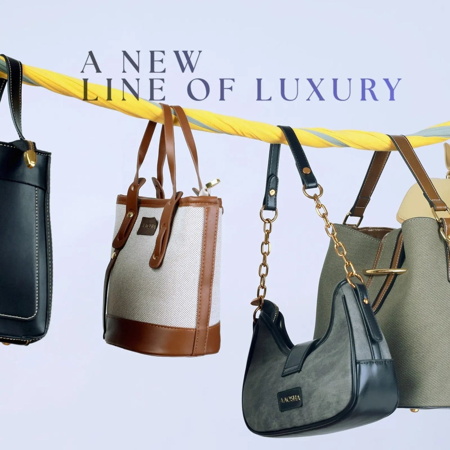 New arrivals collection of premium vegan leather handbags hanging on golden rope displaying latest luxury shoulder bags, tote bags, and crossbody bags with modern design