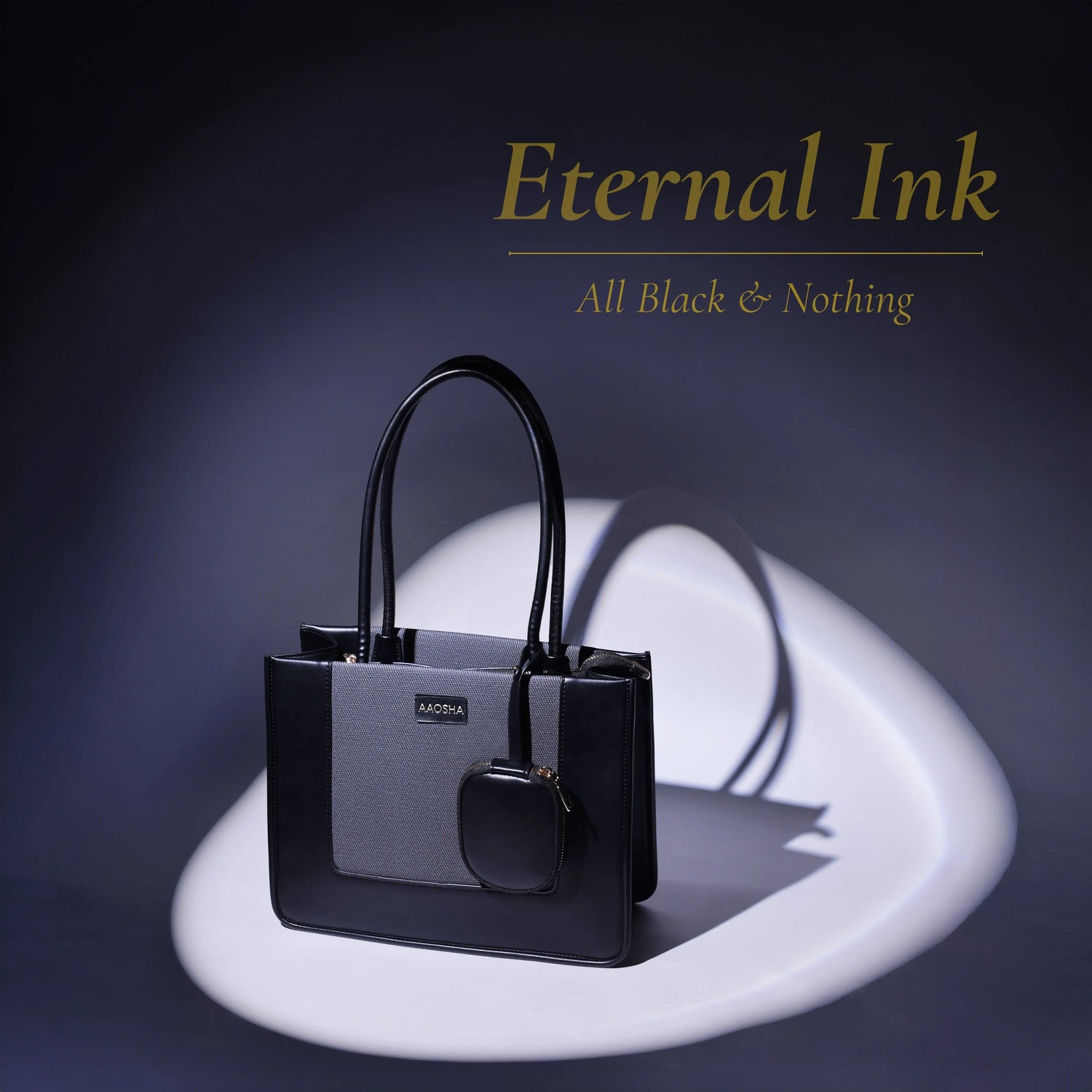 Premium black vegan leather tote bag from Aaosha Eternal Ink collection