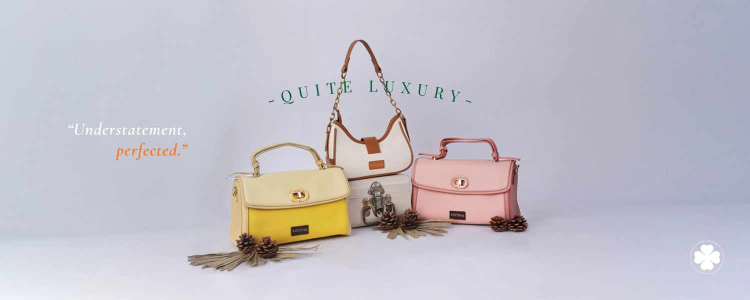Premium vegan leather crossbody bags for women displaying Elara in Yellow and Pink, Luna in Vanilla Haze with quiet luxury aesthetic and hands-free convenience