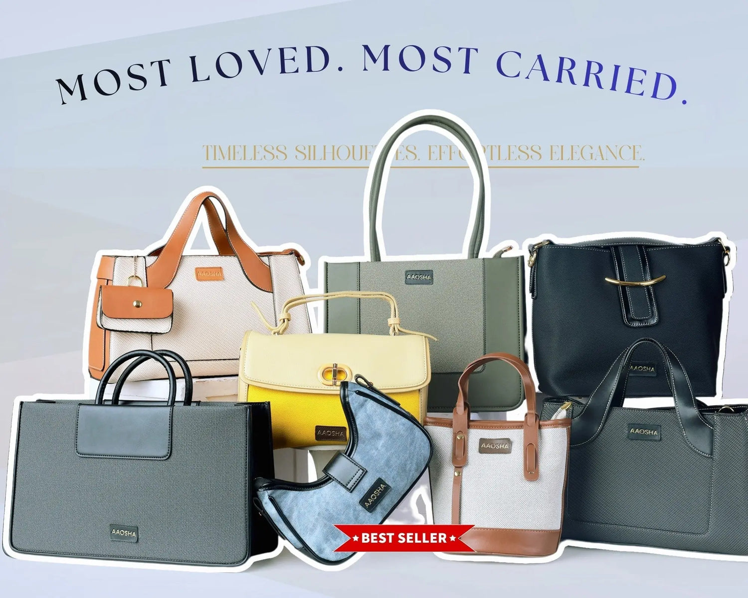 Best selling premium vegan leather handbags collection featuring colorful tote bags, shoulder bags, and structured handbags with best seller badge showcasing most loved luxury bags