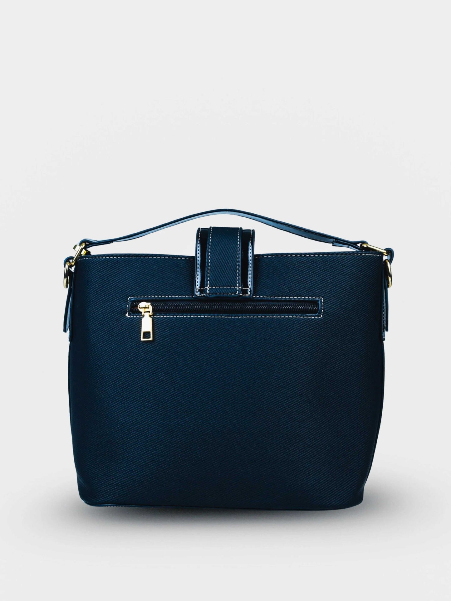 Aurora Eternal Ink vegan leather bucket bag in black with structured bucket silhouette and dual handles for women.