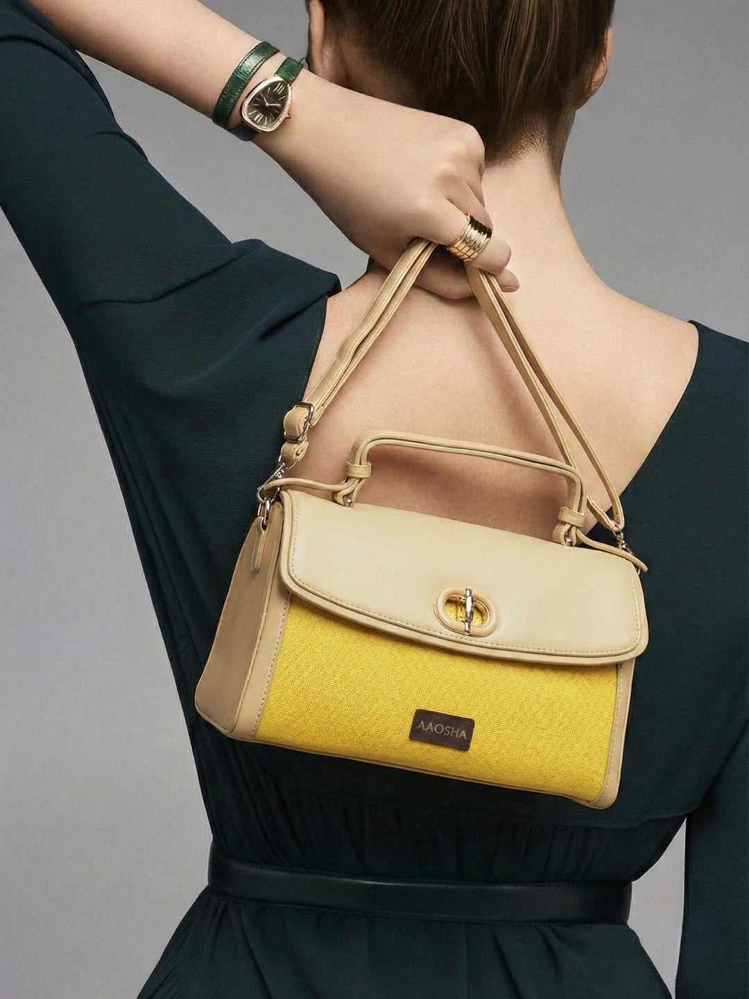 Elara Sunshine vegan leather crossbody bag featuring vibrant yellow color with structured silhouette and adjustable strap for women
