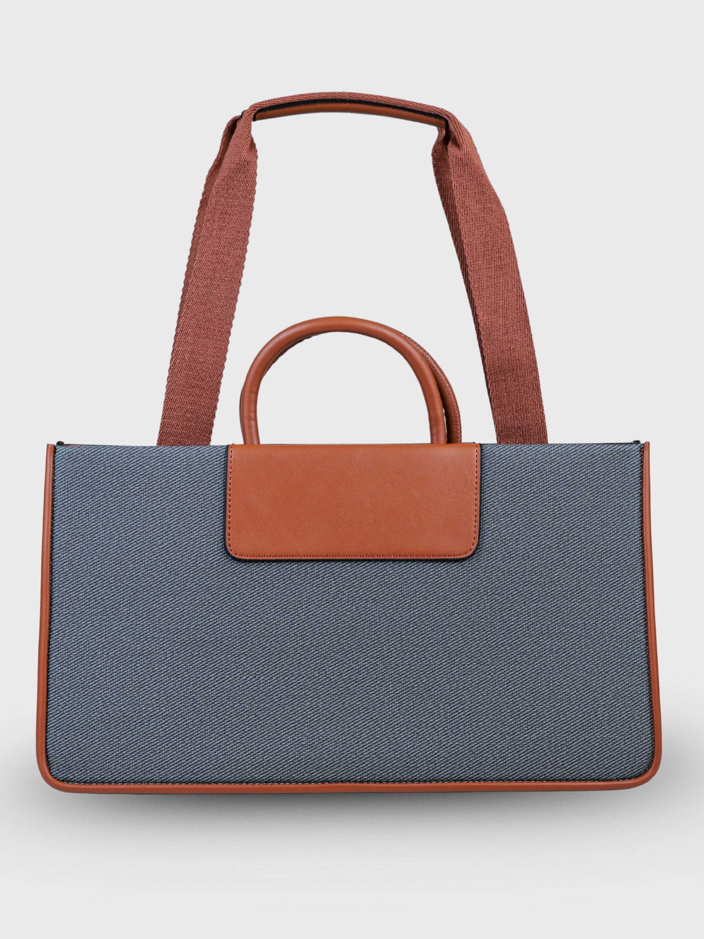 Florence Ash Caramel vegan leather tote bag in warm gray and tan tones with structured design and dual handles for women.