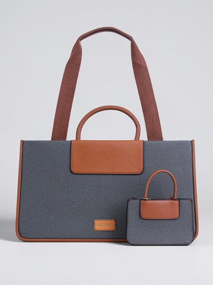 Florence Ash Caramel vegan leather tote bag in warm gray and tan tones with structured design and dual handles for women.