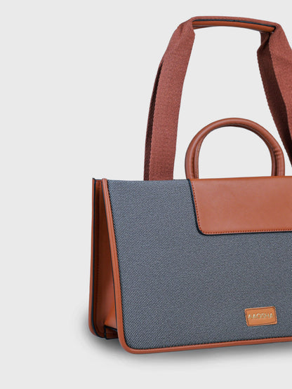 Florence Ash Caramel vegan leather tote bag in warm gray and tan tones with structured design and dual handles for women.
