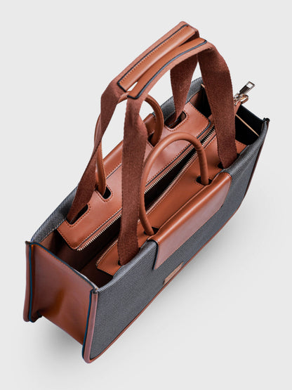 Florence Ash Caramel vegan leather tote bag in warm gray and tan tones with structured design and dual handles for women.