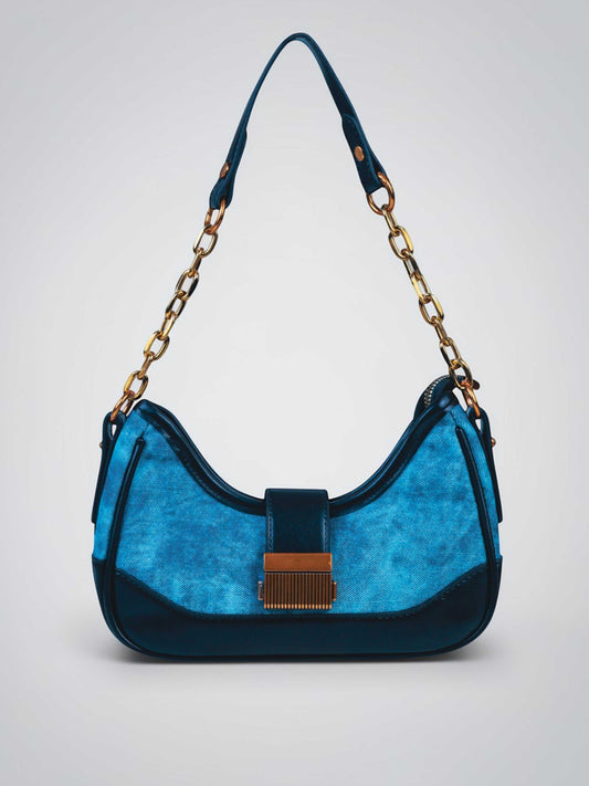 Luna Denim Blue vegan leather shoulder bag in rich blue denim with structured design and chain handle for women.
