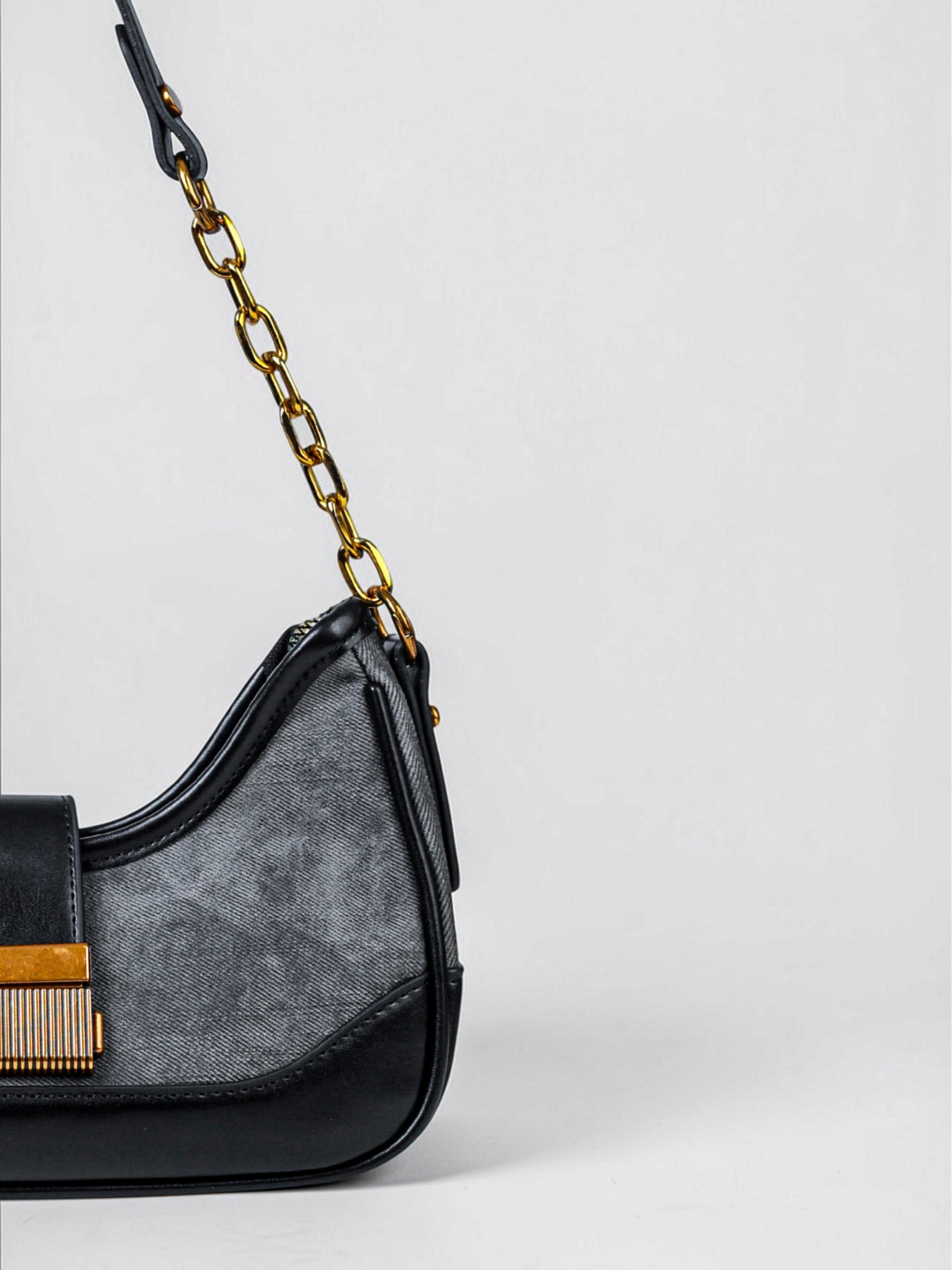 Luna Midnight vegan leather shoulder bag in black denim with structured silhouette and chain handles for women