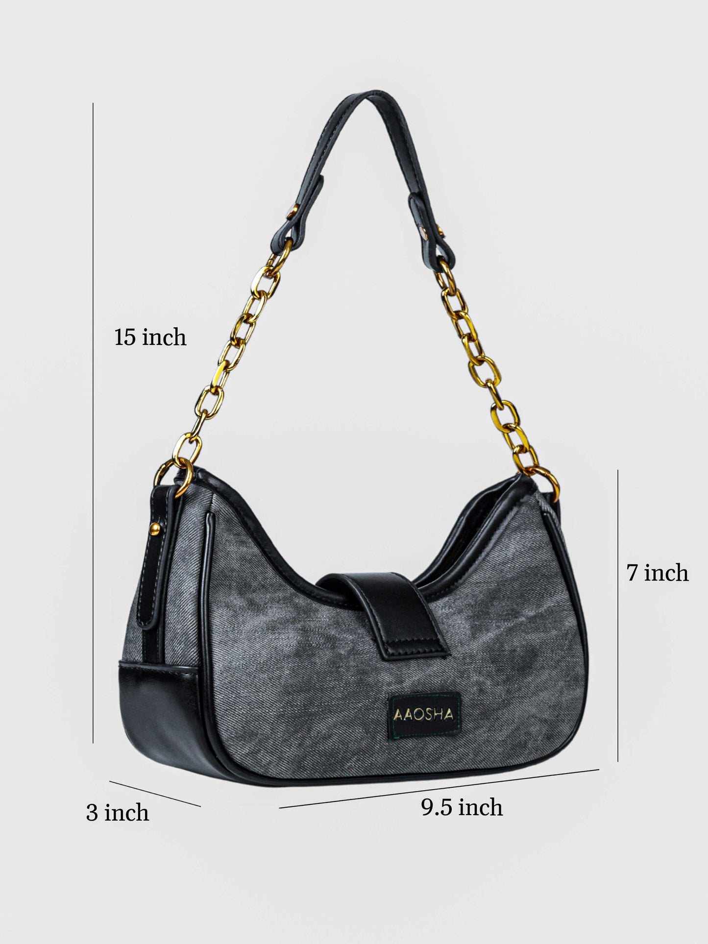 Luna Midnight vegan leather shoulder bag in black denim with structured silhouette and chain handles for women.
