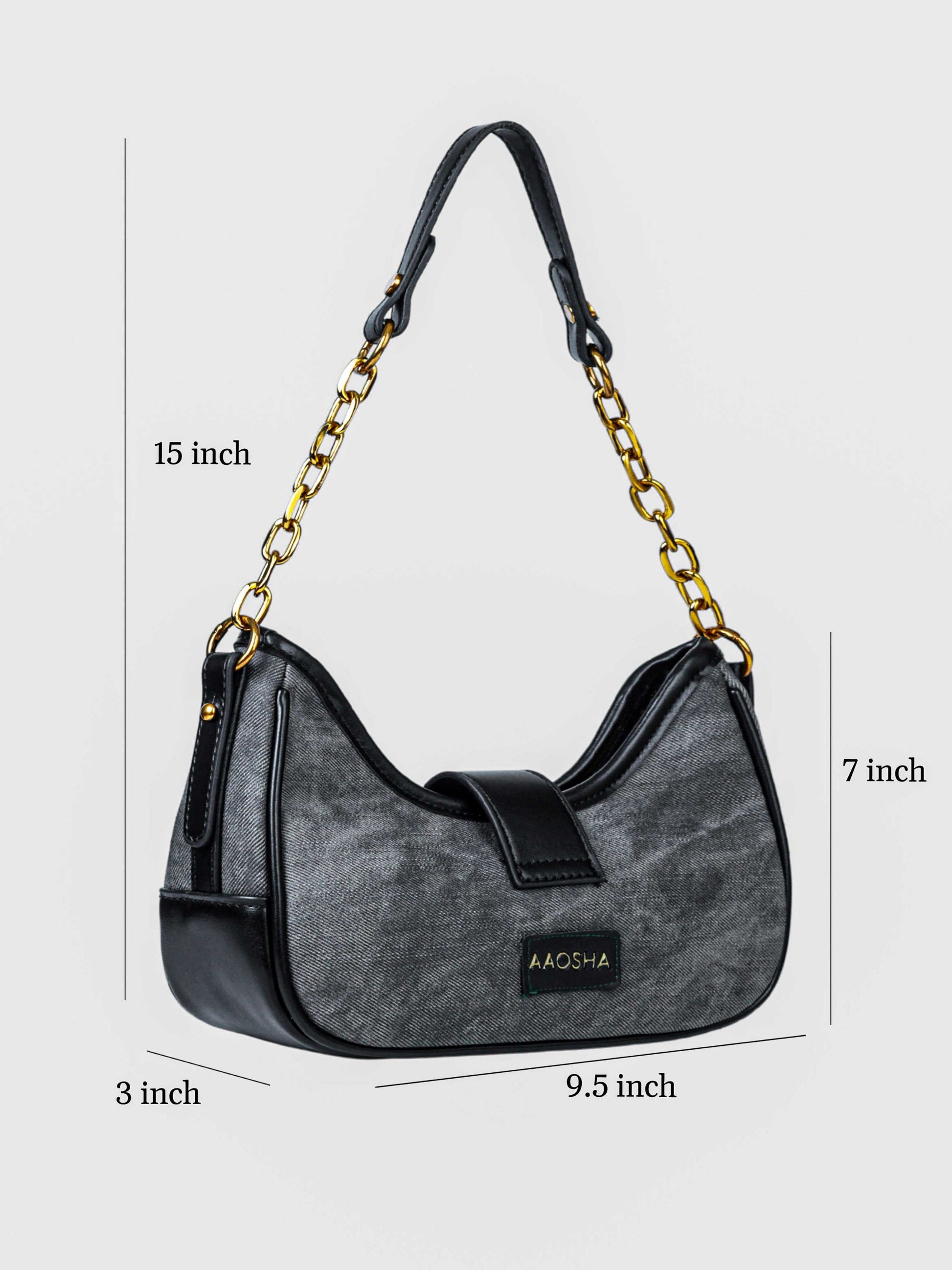 Luna Midnight vegan leather shoulder bag in black denim with structured silhouette and chain handles for women.
